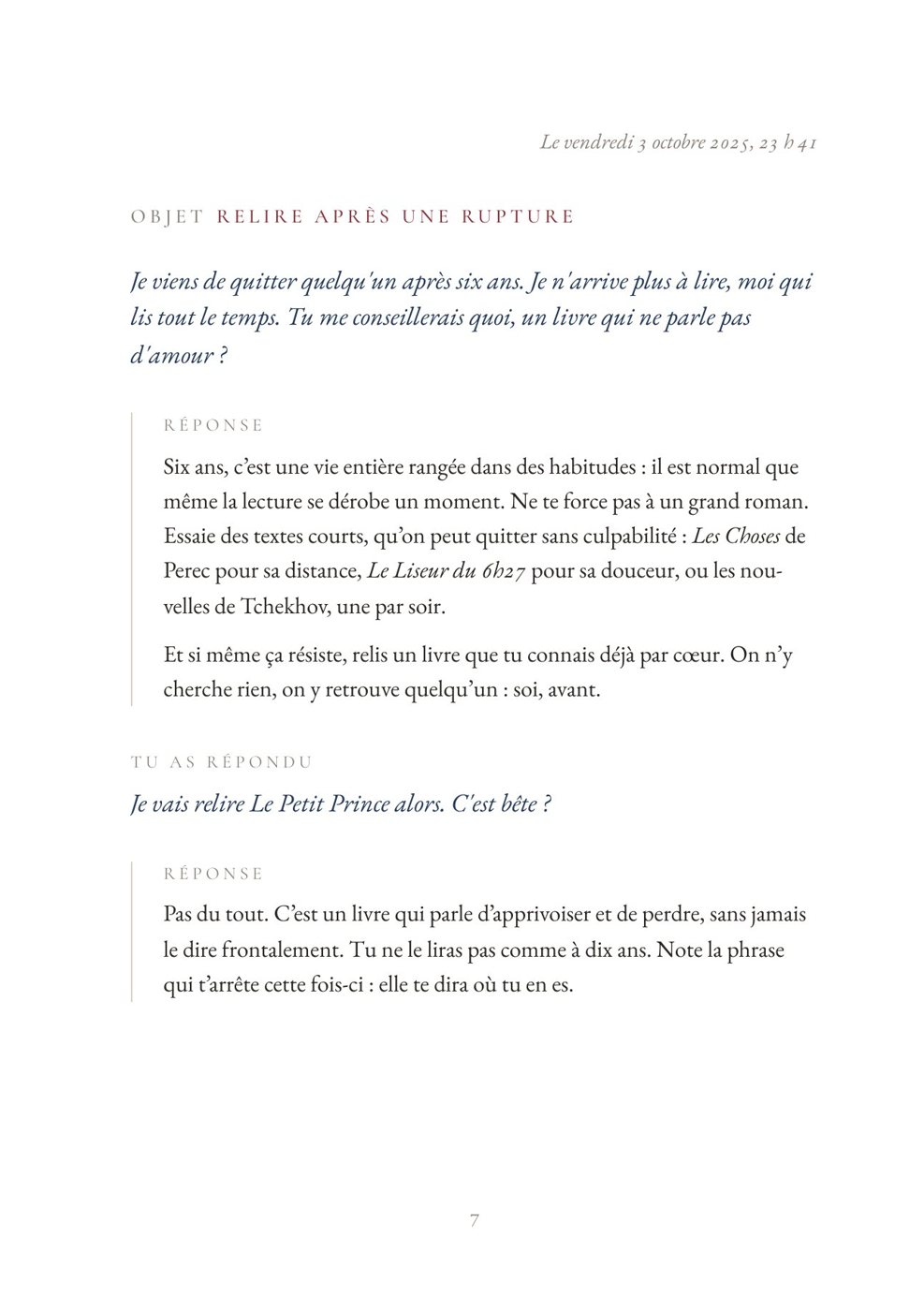 Page d'un volume Aveu : une lettre datée du vendredi 3 octobre 2025, 23 h 41, avec la question de Léa en bleu et la réponse en regard.